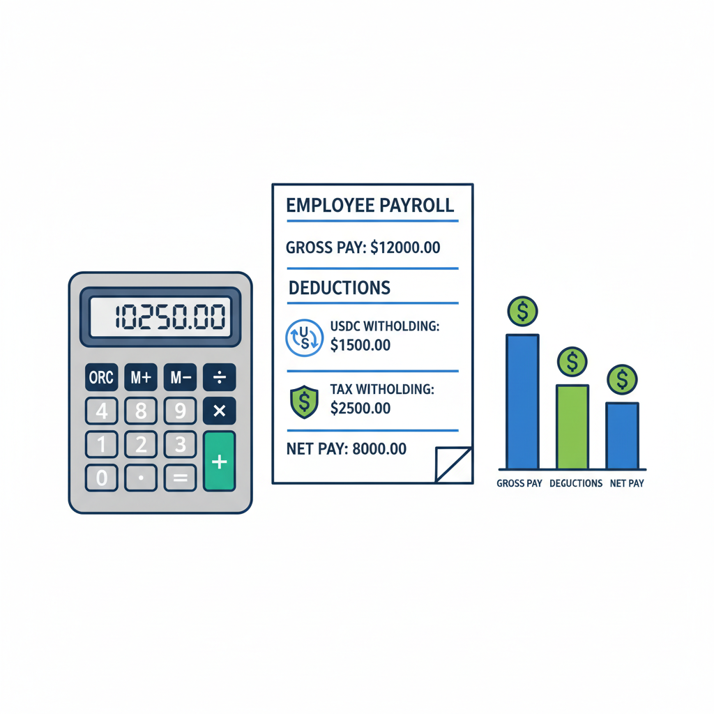 calculator and payroll sheet with USDC deductions, tax withholding icons, professional chart
