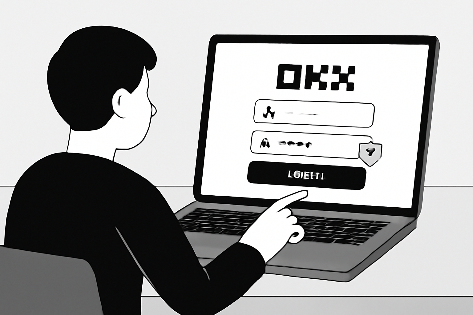 A user logging into the OKX website on a laptop, with a secure login screen and OKX logo visible.