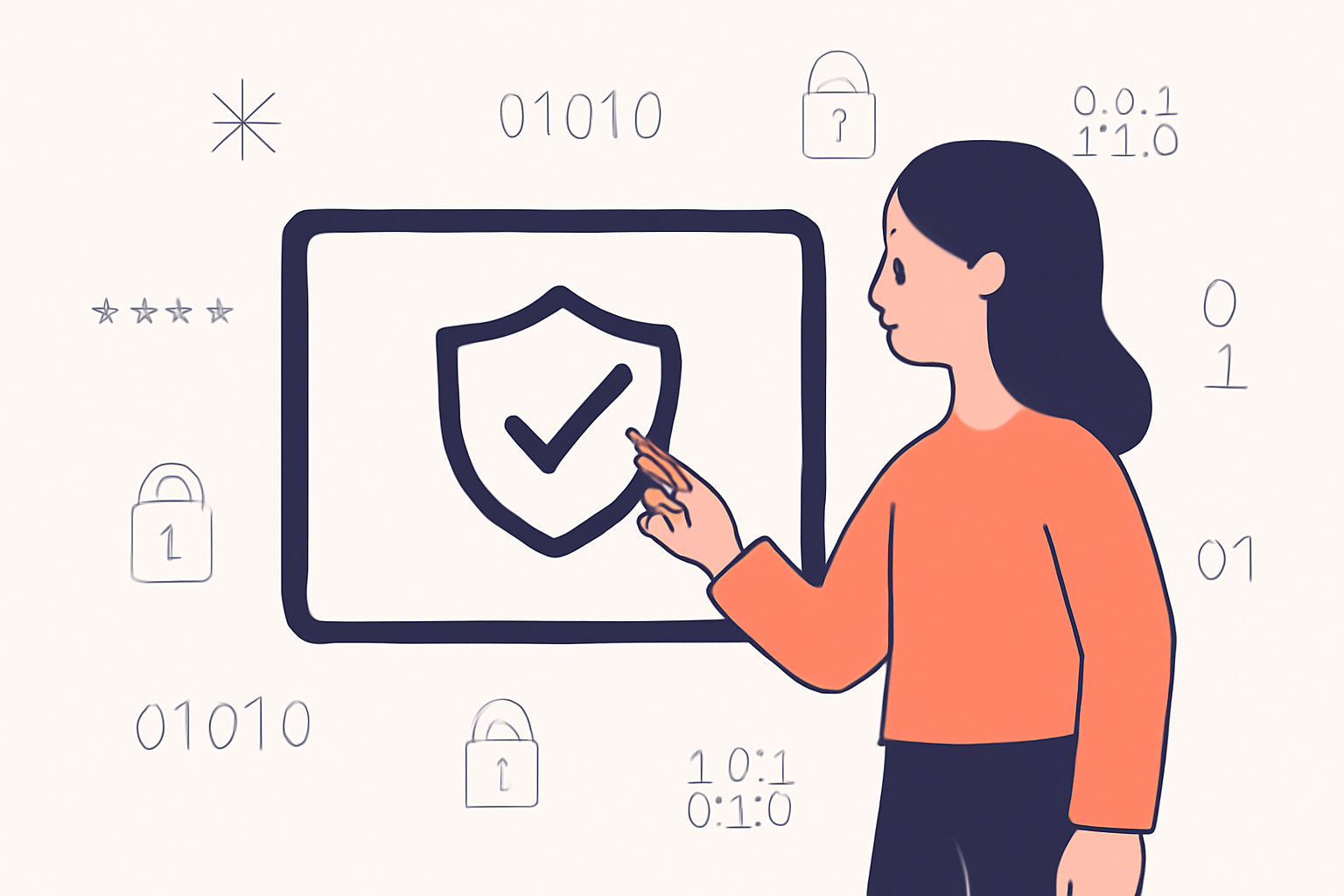 A user interacting with a verification tool showing a shield and a checkmark, with cryptographic symbols in the background.