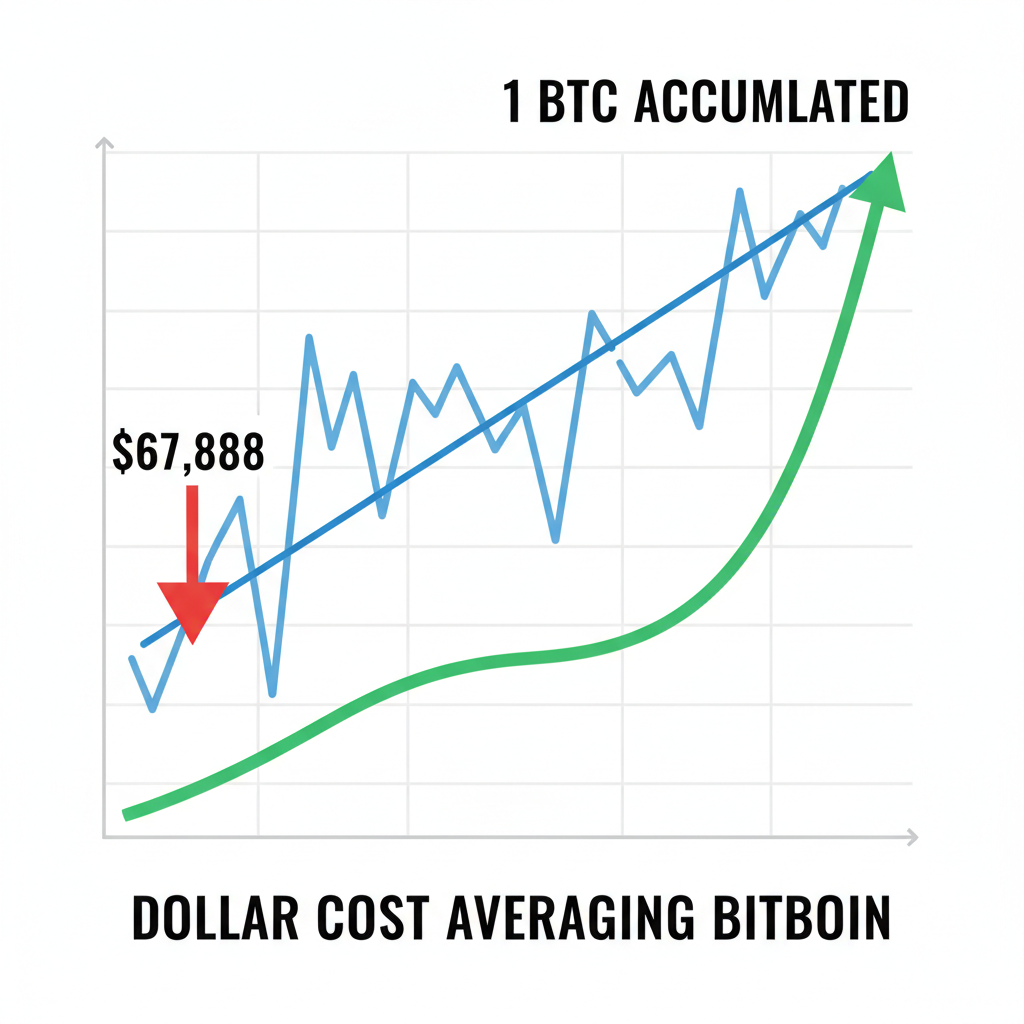 dollar cost averaging chart showing bitcoin price dips at $67,888 with accumulation curve to 1 BTC