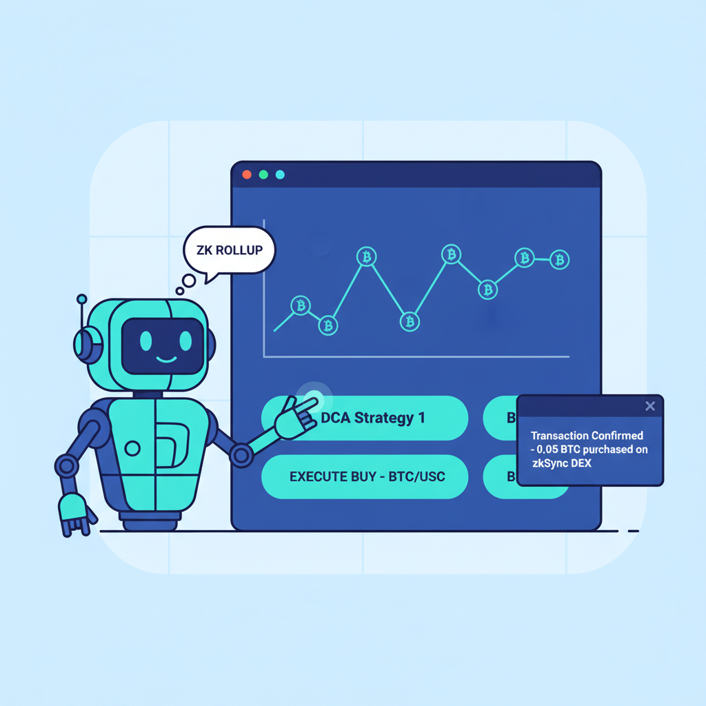 automation bot executing DCA buys on zk rollup DEX dashboard with bitcoin icons