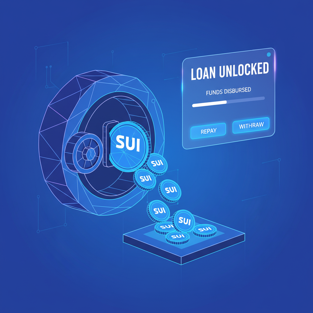 NFT unlocking loan vault spilling SUI coins, loan interface glow