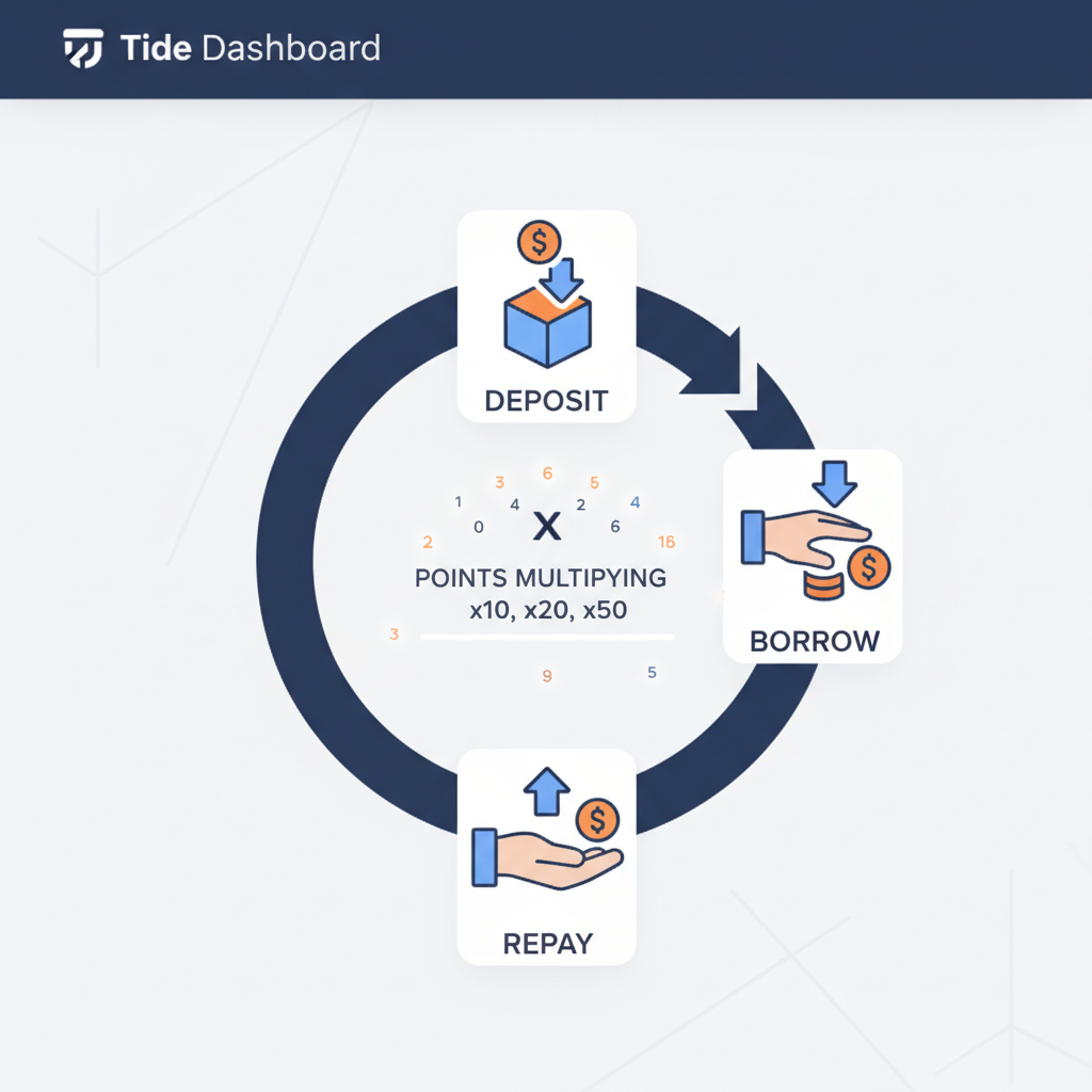 cyclical loop arrow of deposit, borrow, repay on Tide dashboard, points multiplying