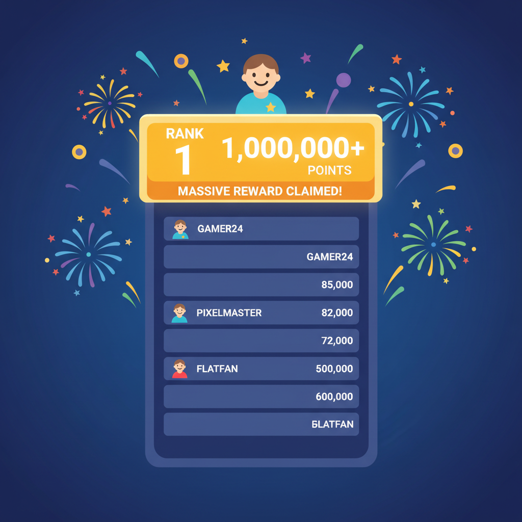 leaderboard with user at top, claiming massive point rewards fireworks
