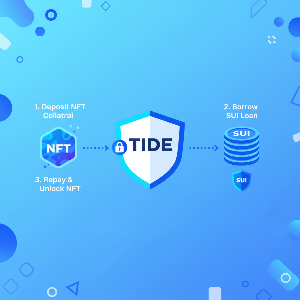 NFT as collateral borrowing SUI loan on Tide, shield icons and loan flows, energetic blue Sui ecosystem visuals