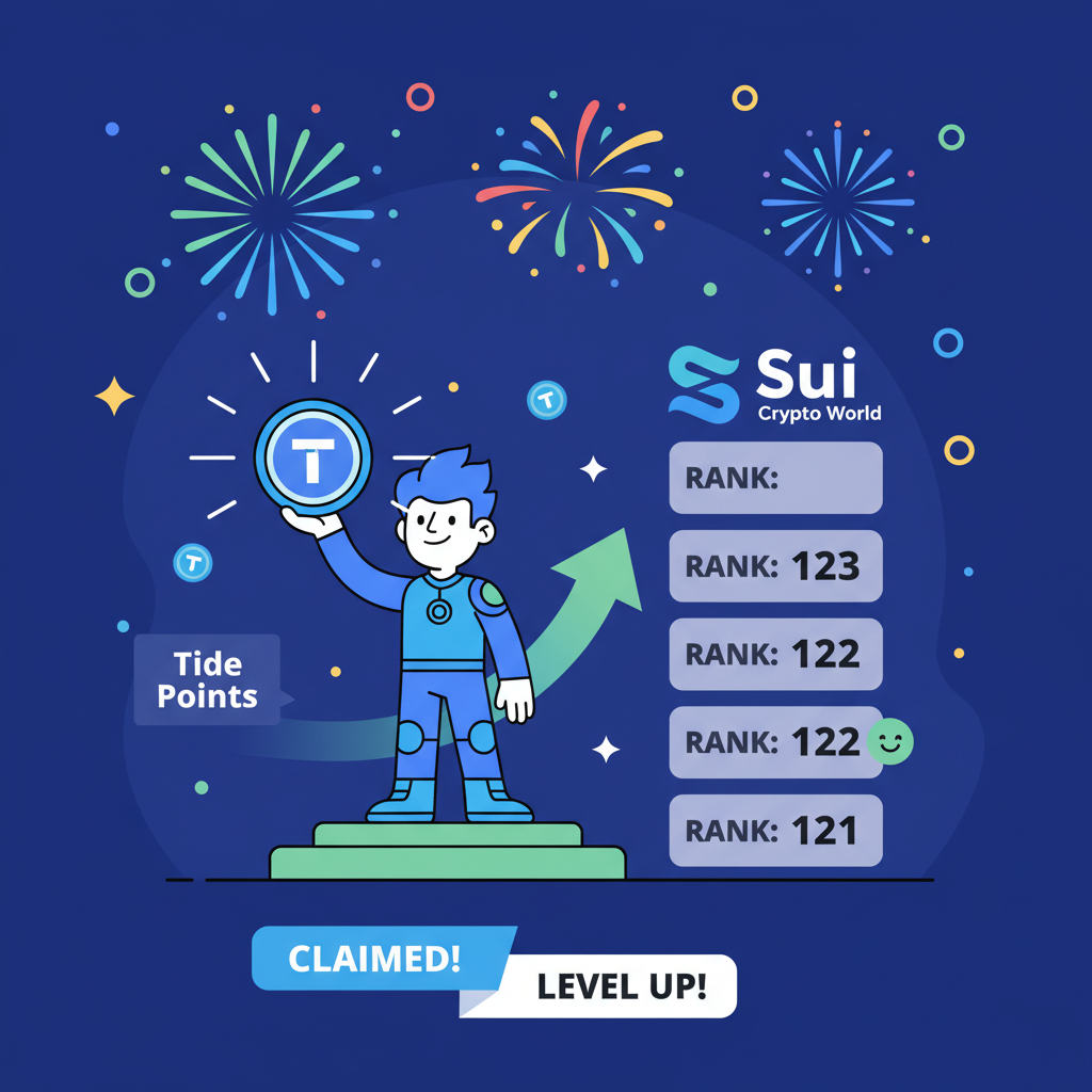 user claiming glowing Tide points rewards, leaderboard ranking up, celebratory fireworks in Sui crypto world