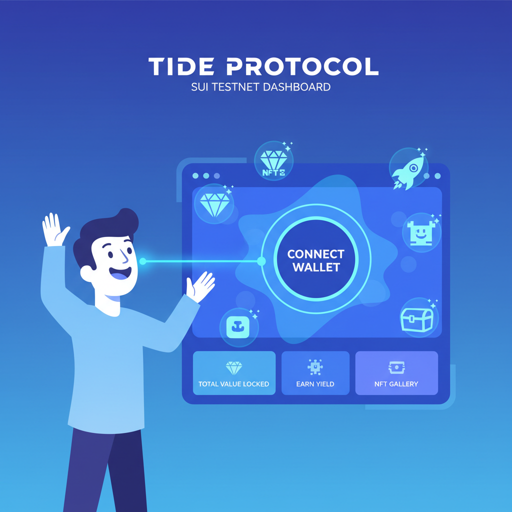 excited user connecting wallet to Tide Protocol Sui testnet dashboard, glowing blue waves and NFT icons, dynamic crypto interface