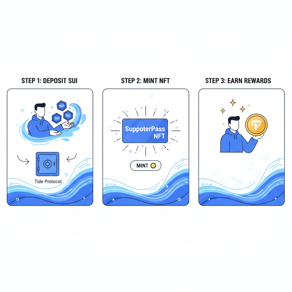 user depositing SUI coins into Tide Protocol, SupporterPass NFT minting with sparkles, ocean wave crypto art style