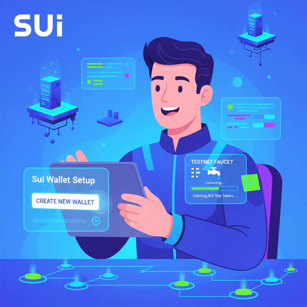 energetic crypto farmer setting up Sui wallet on testnet faucet, vibrant neon Sui blockchain theme, futuristic UI screens