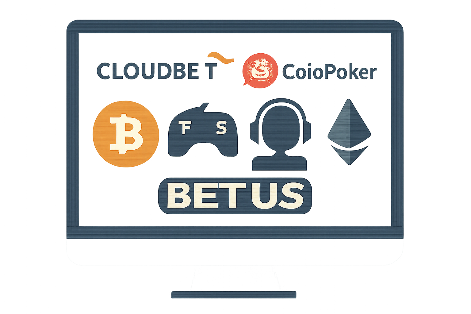 A computer screen displaying logos of popular crypto esports betting platforms (Cloudbet, CoinPoker, BetUS) with esports icons and Bitcoin/Ethereum symbols.