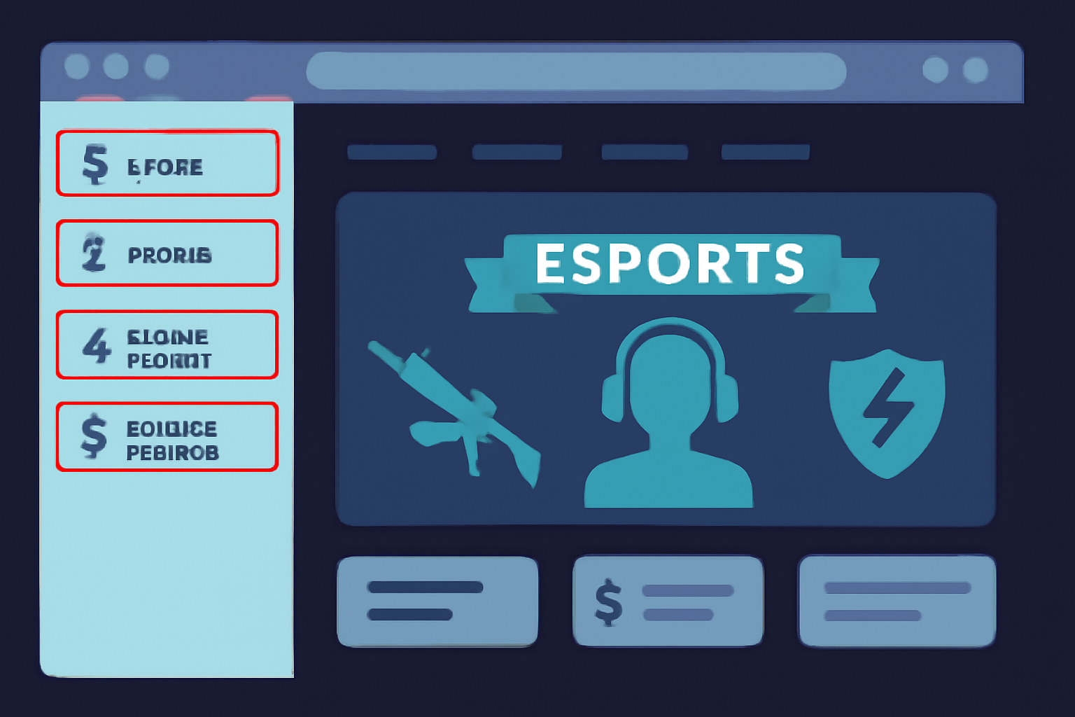 A website dashboard with highlighted menu sections: Esports, Deposit, Betting Markets, and Account Settings, with esports graphics in the background.