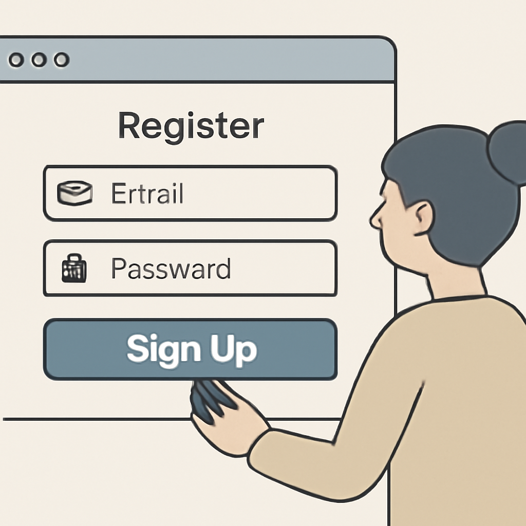 A user filling out a simple registration form on a website, with fields for email and password, and a 'Sign Up' button highlighted.