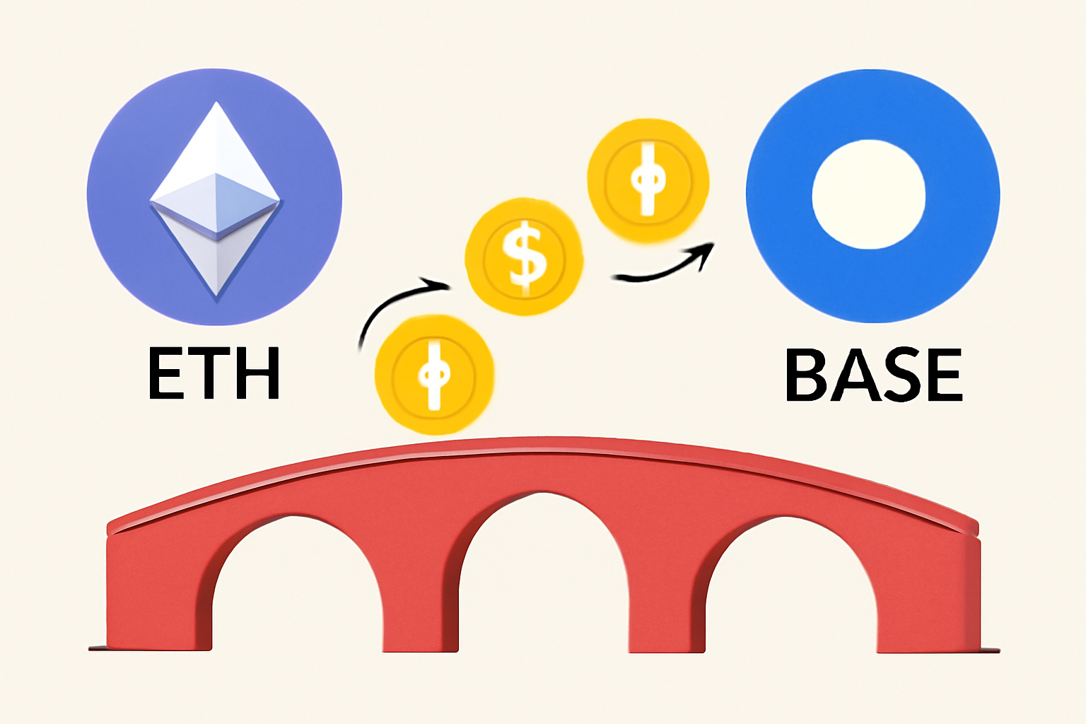 A visual of digital coins moving across a bridge from Ethereum to the Base network, with ETH and USDC icons.