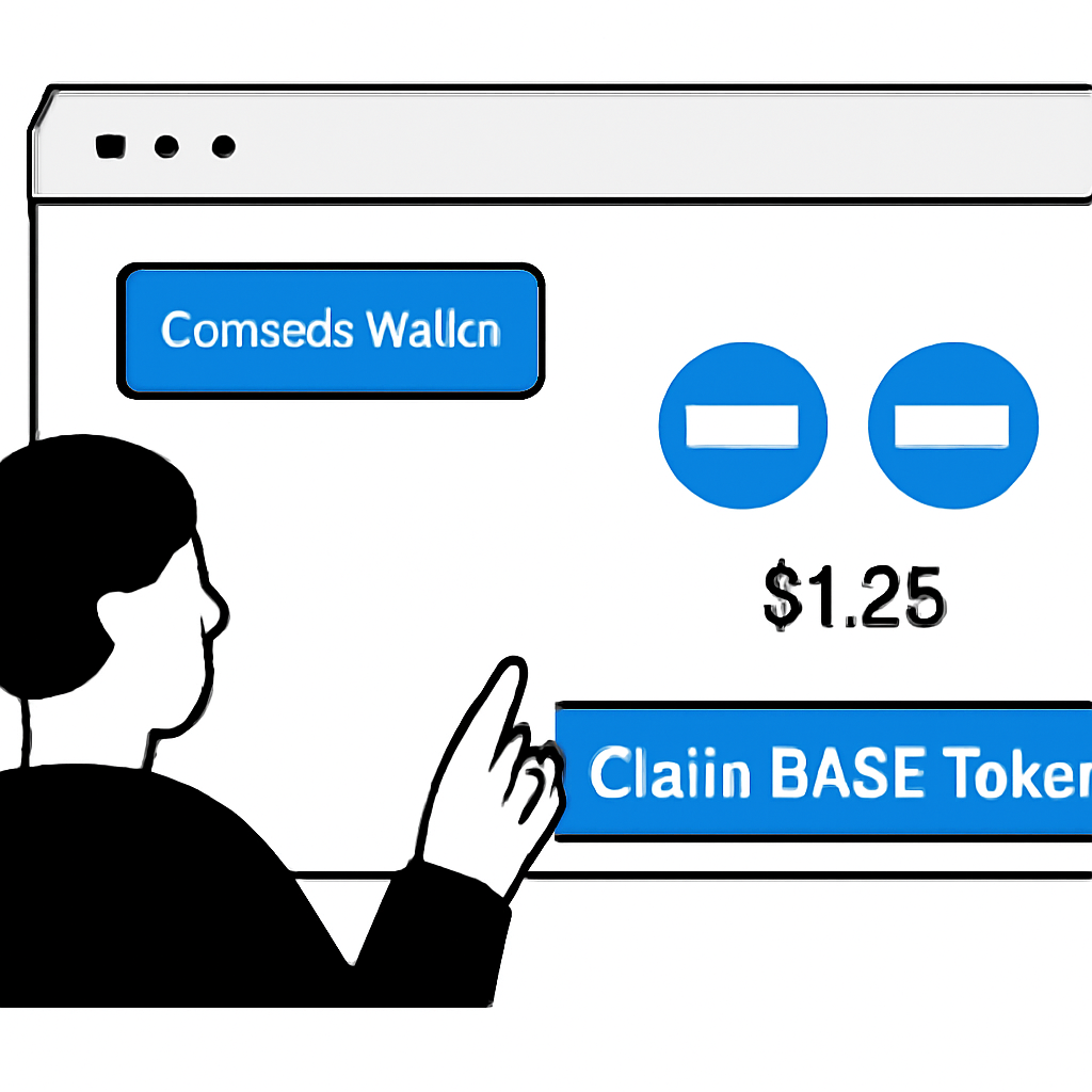 A user connecting their wallet to a website and clicking a 'Claim BASE Tokens' button, with BASE token icons and current price displayed.