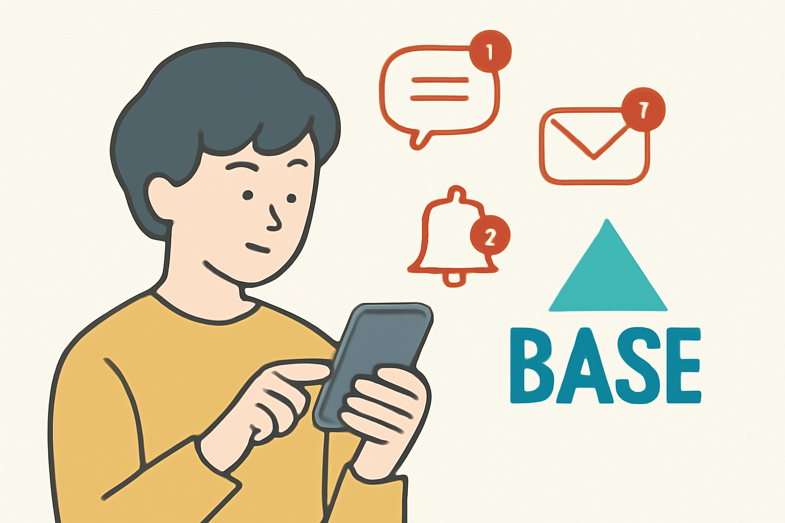 A person checking updates on a smartphone, with notification icons and the Base logo in the background.