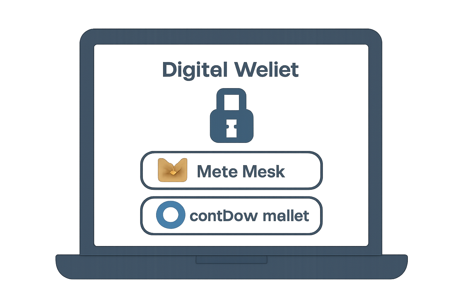 A digital wallet interface on a laptop screen, showing MetaMask and Coinbase Wallet logos, with a secure lock symbol.