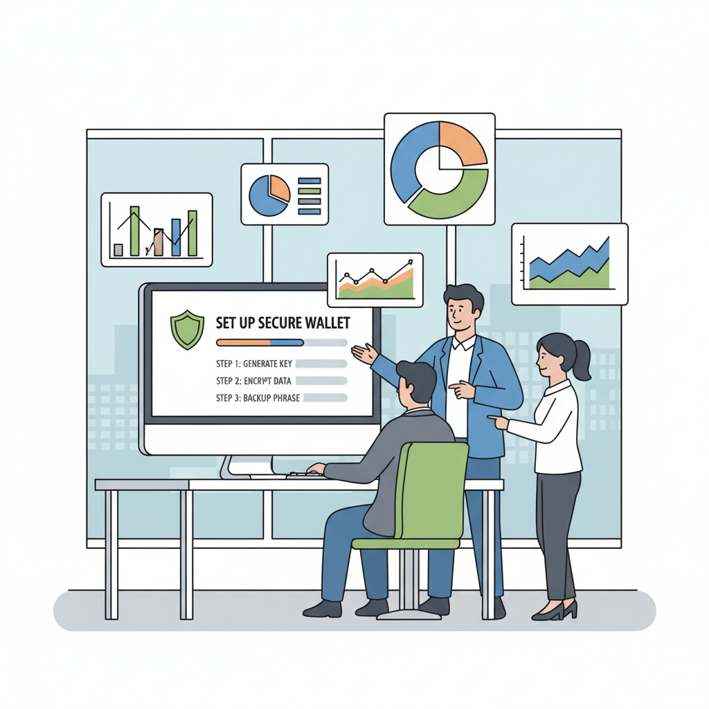 professional business team setting up secure crypto wallet on computer, modern office, data-driven charts