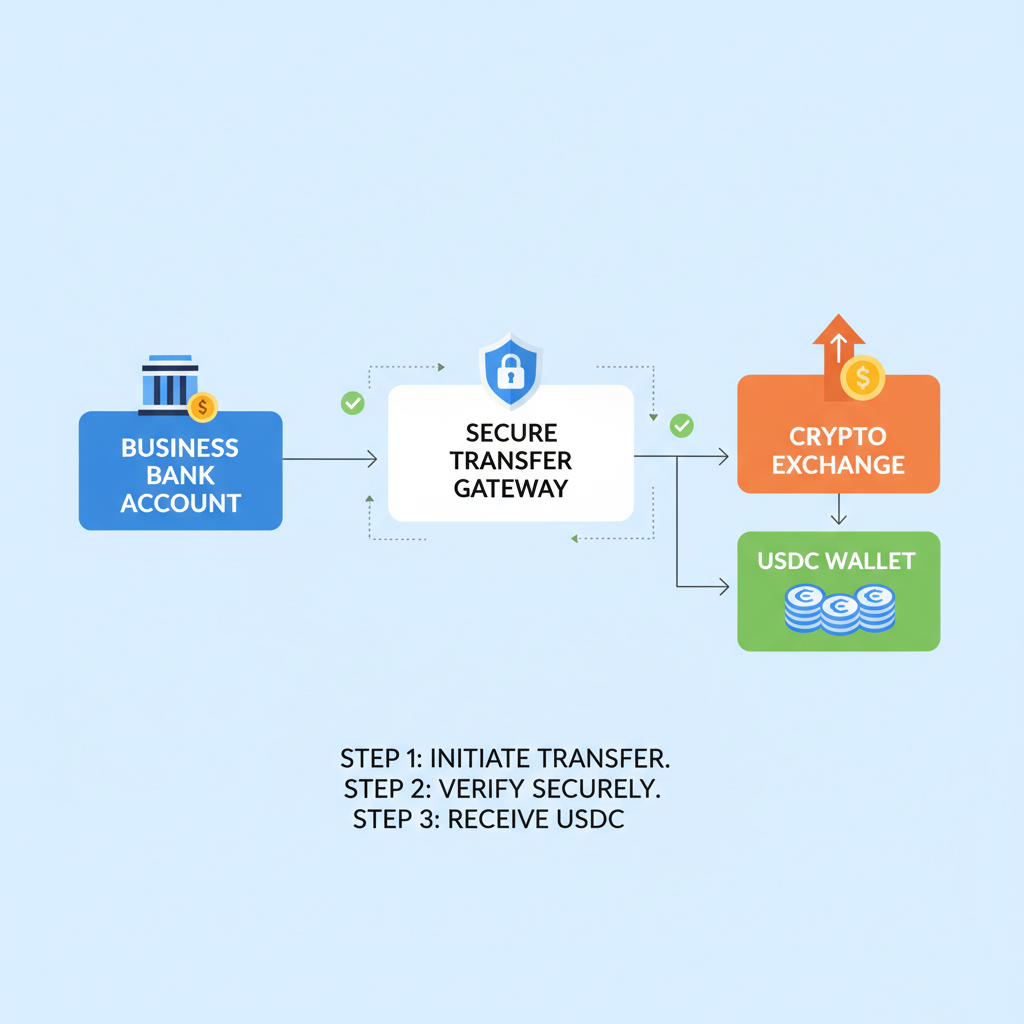 bank transfer from business account to crypto exchange, USDC icons, secure transaction flowchart