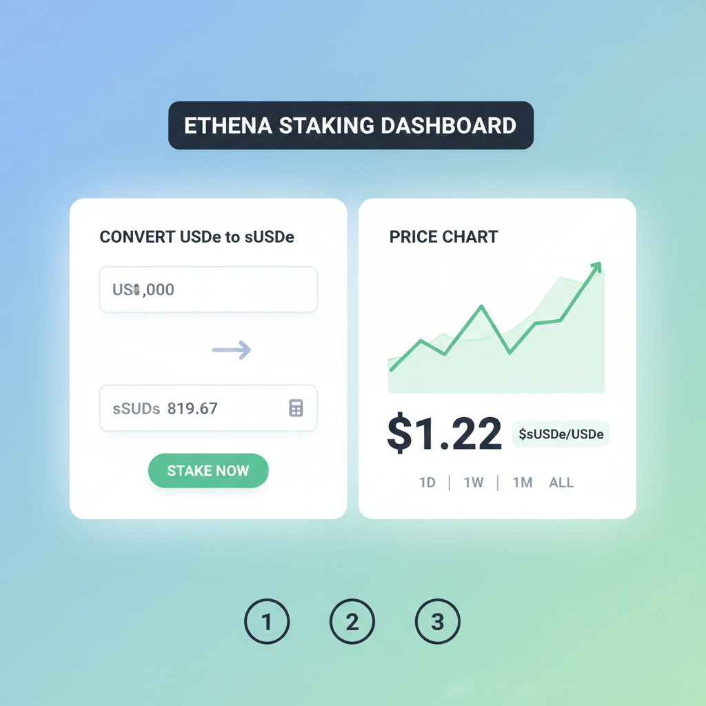 Ethena staking dashboard, USDe to sUSDe conversion, price chart showing $1.22
