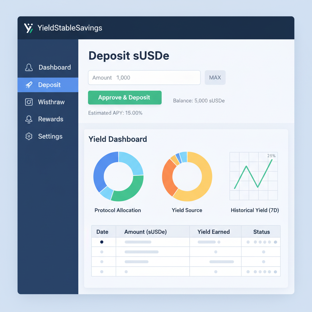 YieldStableSavings website interface, depositing sUSDe, yield dashboard with charts