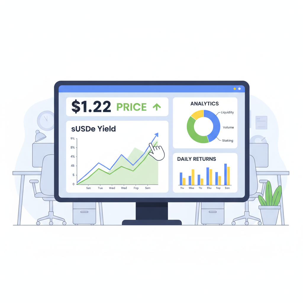 monitoring dashboard with sUSDe yield charts, $1.22 price, analytics graphs in office setting