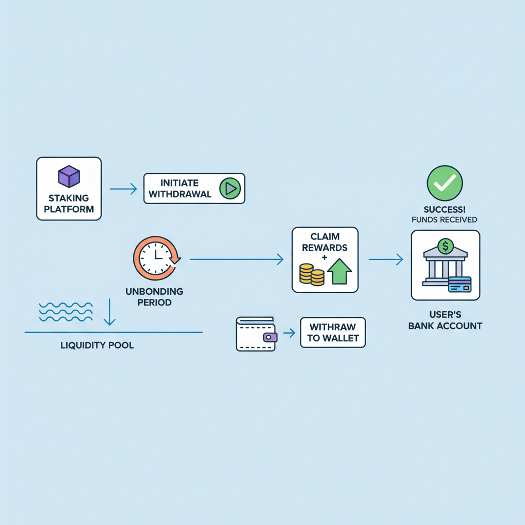 withdrawal process from staking platform to bank, liquidity flow diagram, success checkmark
