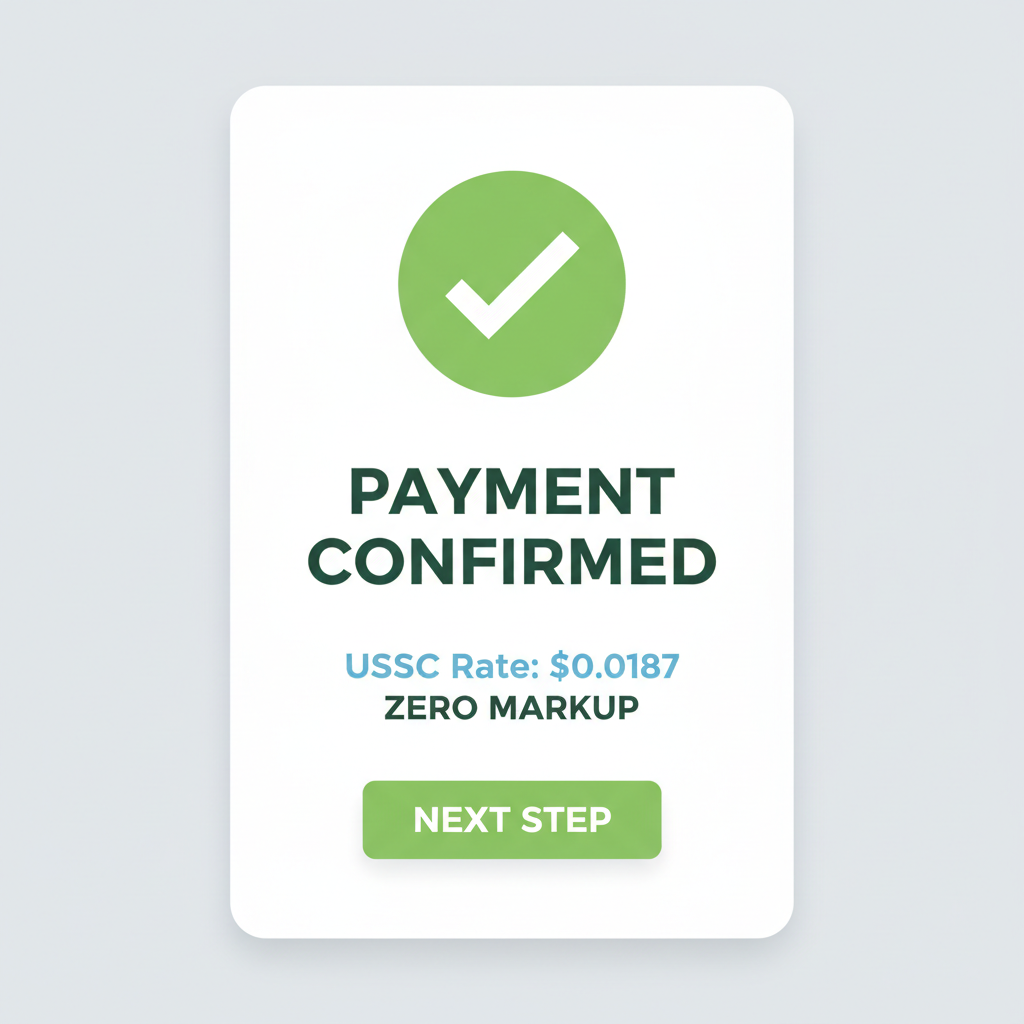 payment confirmation screen showing USDC rate $0.0187 zero markup, green checkmark