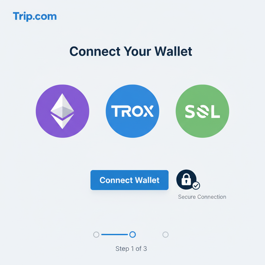wallet connection interface on Trip.com with ETH TRON Solana icons, secure lock symbol