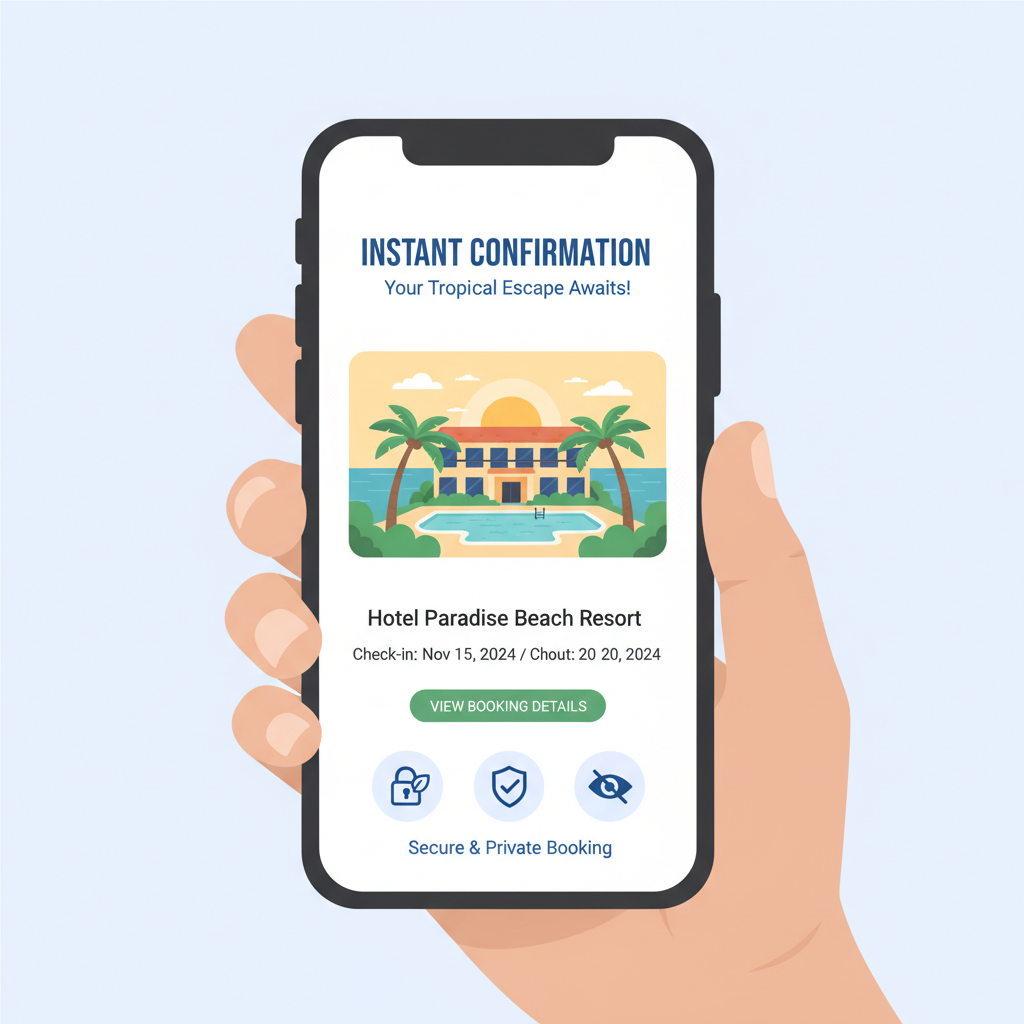 instant hotel booking confirmation email on mobile, privacy icons, tropical hotel image