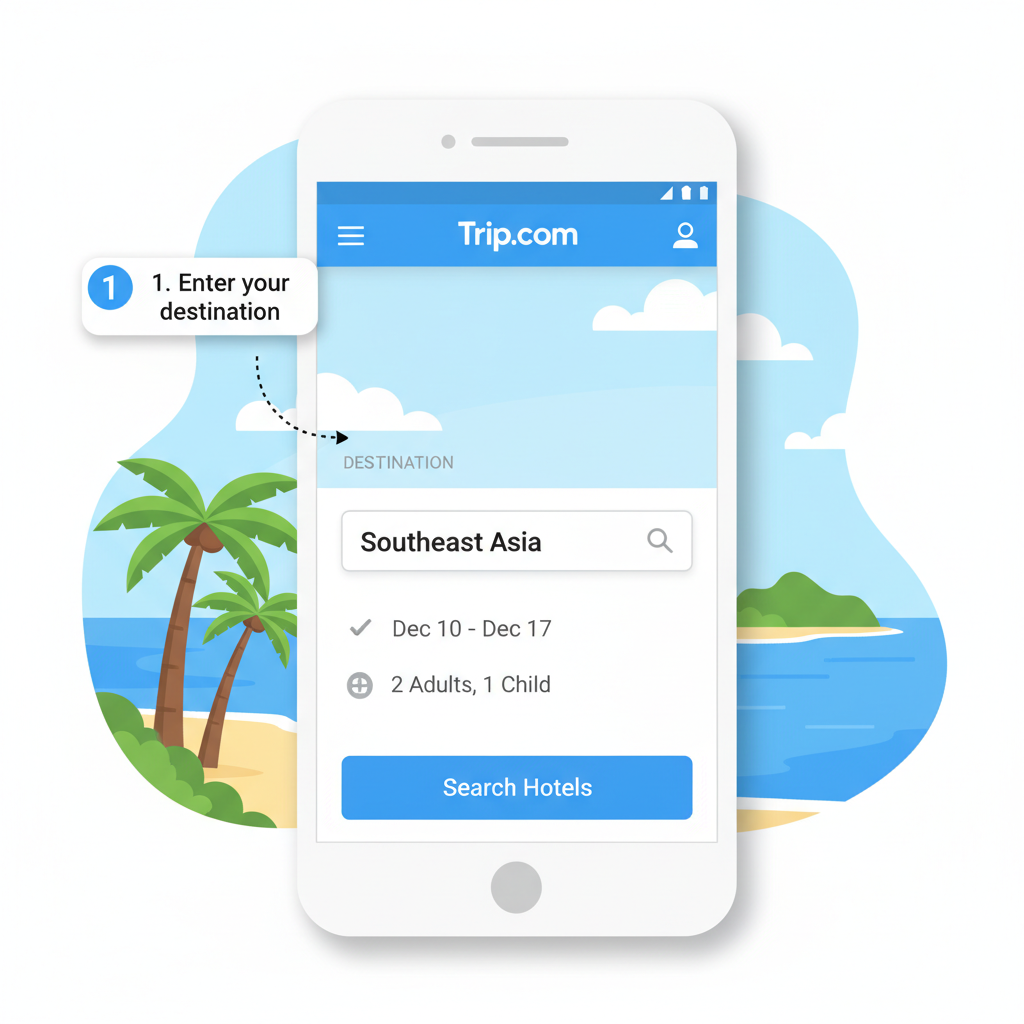 clean screenshot of Trip.com app searching Southeast Asia hotels, modern UI, tropical background