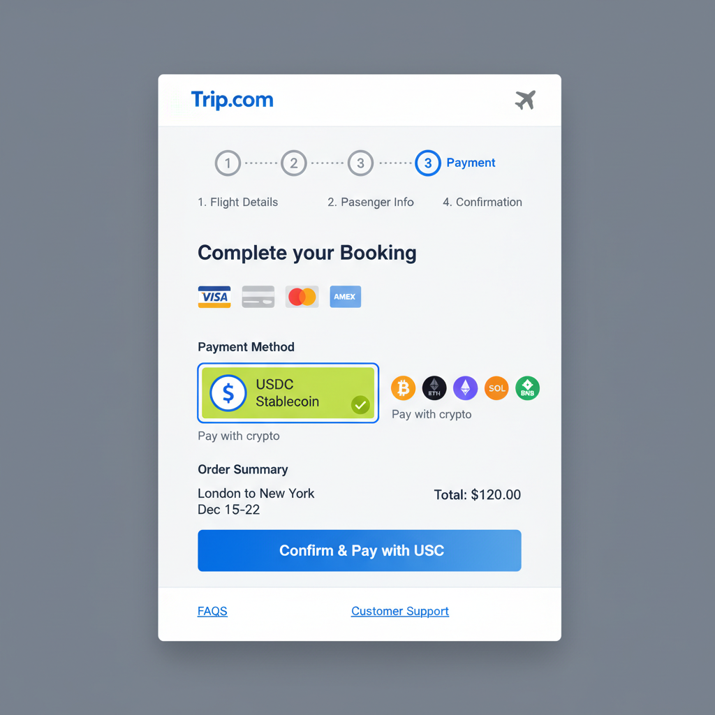 Trip.com checkout page highlighting USDC stablecoin payment option, crypto icons visible