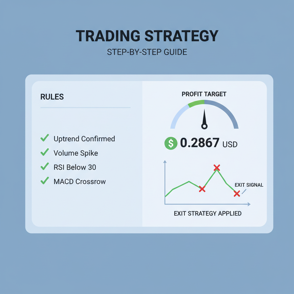 trading strategy dashboard with exit signals, profit targets at $0.2867, checkmarks on rules