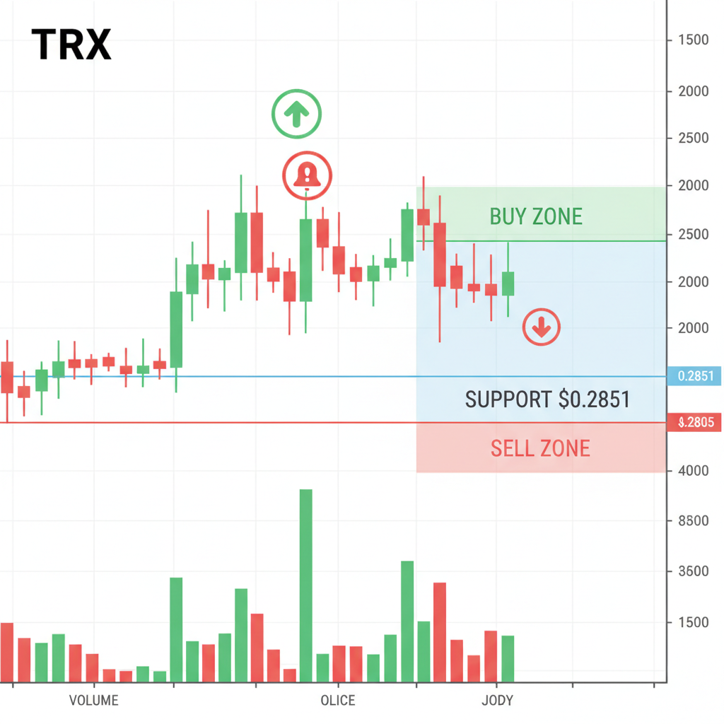 TRX candlestick chart highlighting $0.2851 support, volume bars, alert icons, green red zones