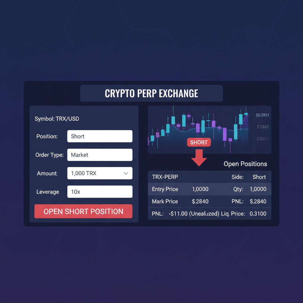 crypto perp exchange dashboard opening TRX short position, red arrow chart at $0.2851, dark mode UI