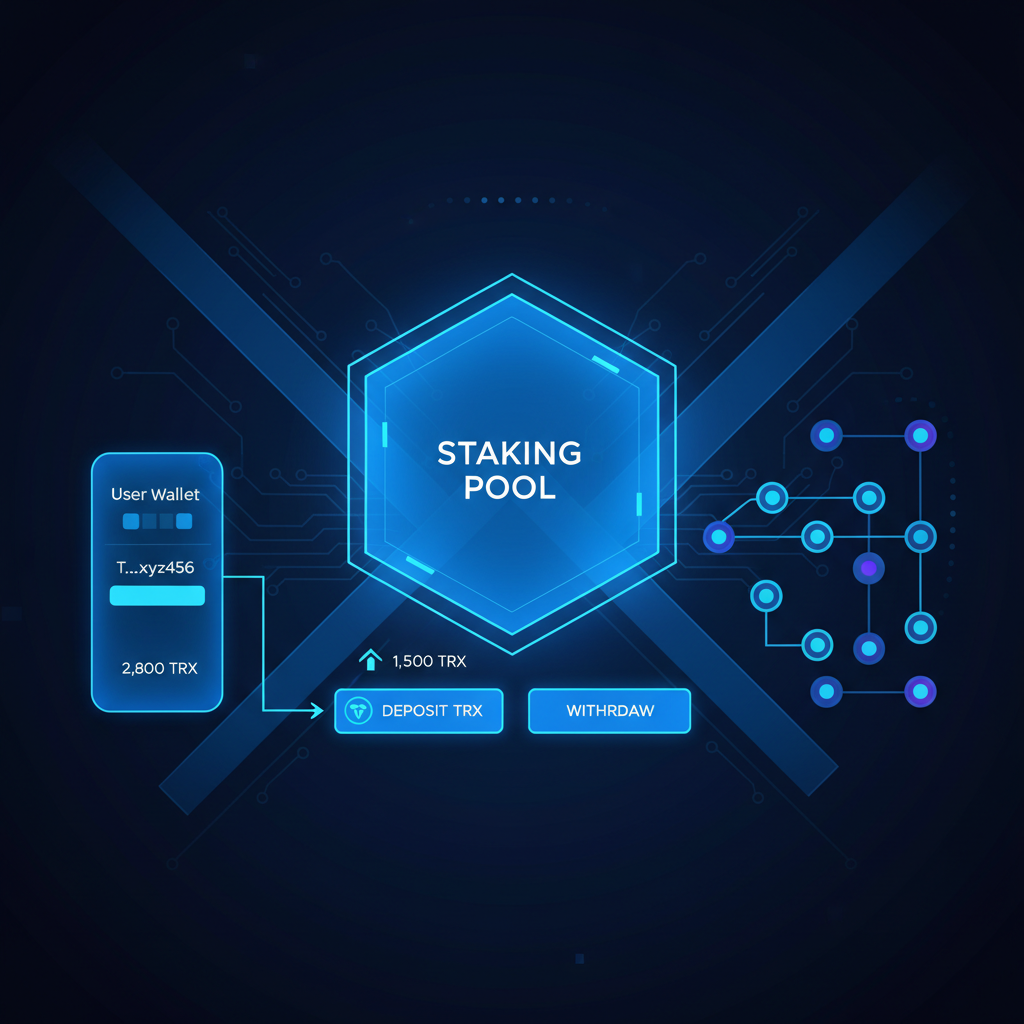 futuristic Tron DEX staking UI depositing TRX tokens, blue neon glow, blockchain nodes
