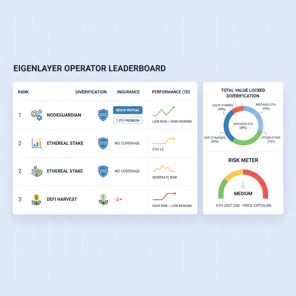 crypto leaderboard of EigenLayer operators with diversification icons Nexus insurance shield 1.2% premium badge performance charts risk meter ETH 2037 USD professional dashboard --ar 16:9 --v 6