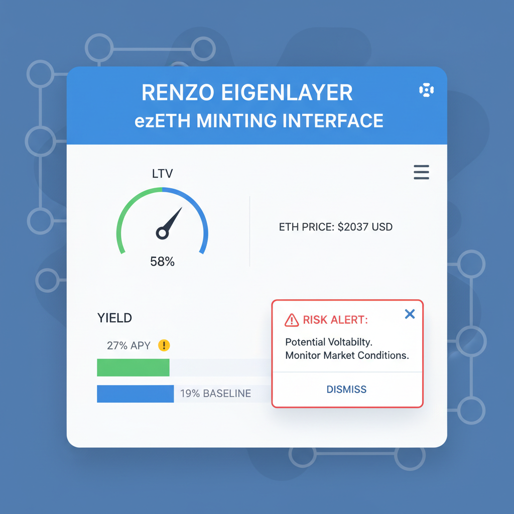 ezETH minting interface on Renzo EigenLayer with LTV gauge under 60% ETH price 2037 USD yield chart 27% APY vs 19% baseline risk alert popup modern DeFi UI --ar 16:9 --v 6
