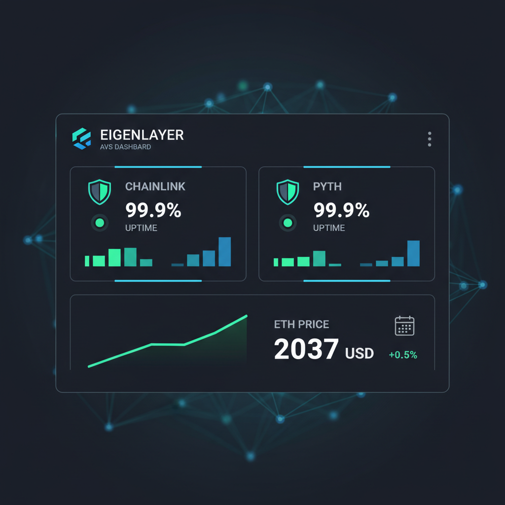 futuristic EigenLayer dashboard screenshot highlighting top AVSs Chainlink Pyth with 99.9% uptime metrics green indicators charts ETH price 2037 USD sleek dark UI --ar 16:9 --v 6