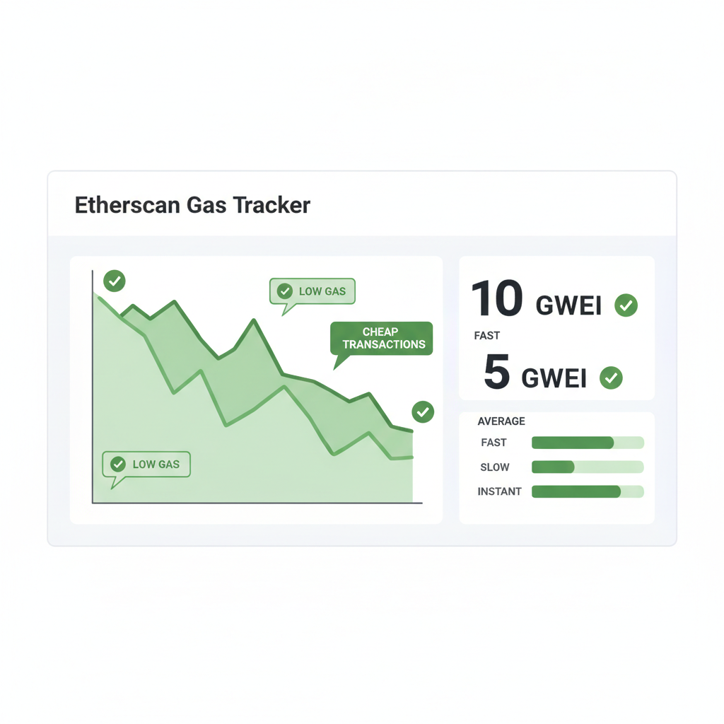 Etherscan gas tracker chart showing low Ethereum gas prices, green indicators, simple UI screenshot style