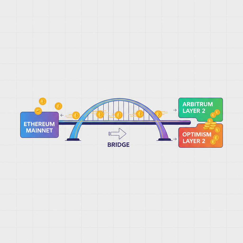 futuristic bridge connecting Ethereum mainnet to Arbitrum or Optimism Layer 2, glowing ETH coins transferring, simple diagram