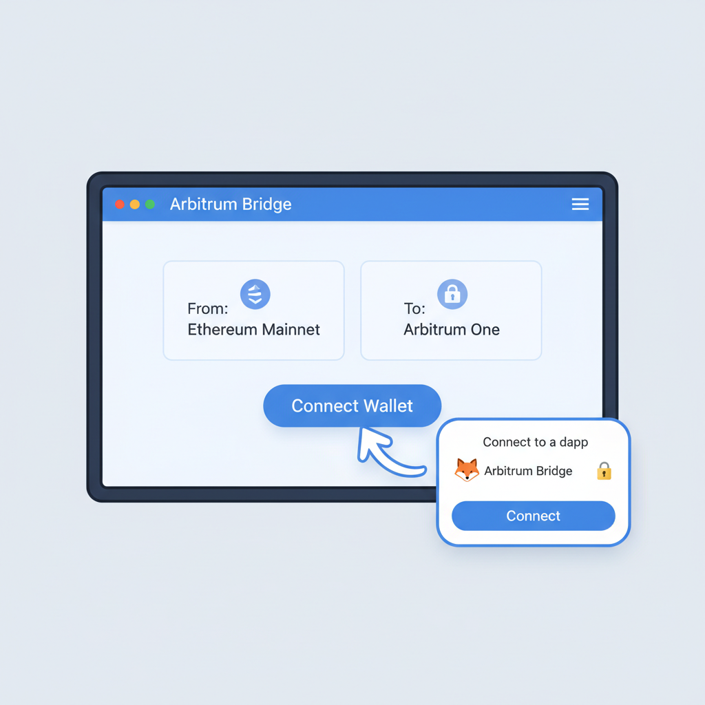 MetaMask wallet connecting to Arbitrum bridge interface, browser popup, secure connection icon
