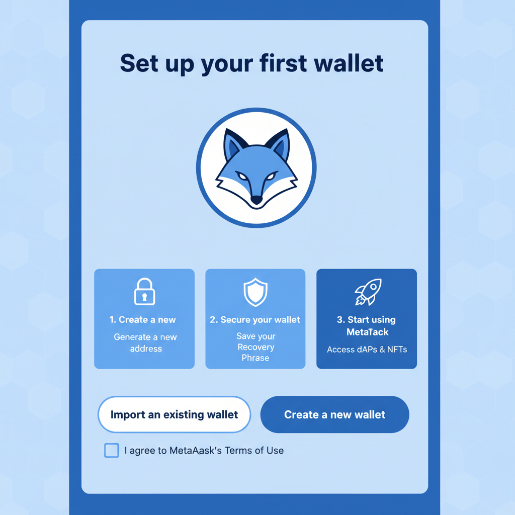 MetaMask create wallet screen, new account setup, simple UI, blue theme
