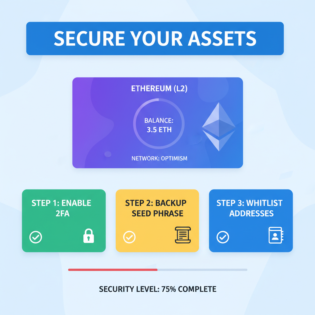 Secure crypto wallet dashboard showing ETH on L2 network, checklists for safety