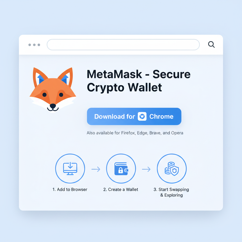MetaMask browser extension download page, clean interface, fox mascot, secure download button