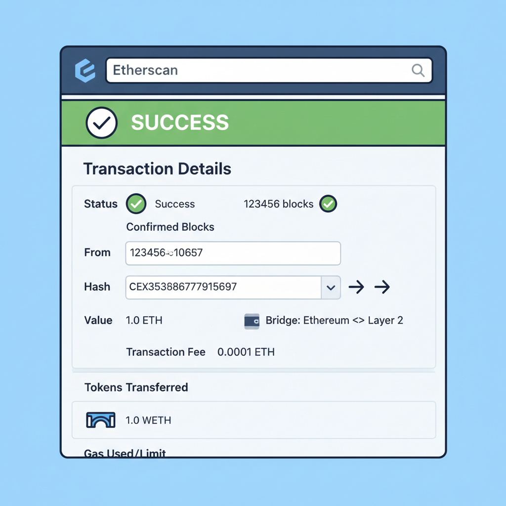 Etherscan transaction details page showing successful ETH bridge tx, confirmed blocks, green checkmark