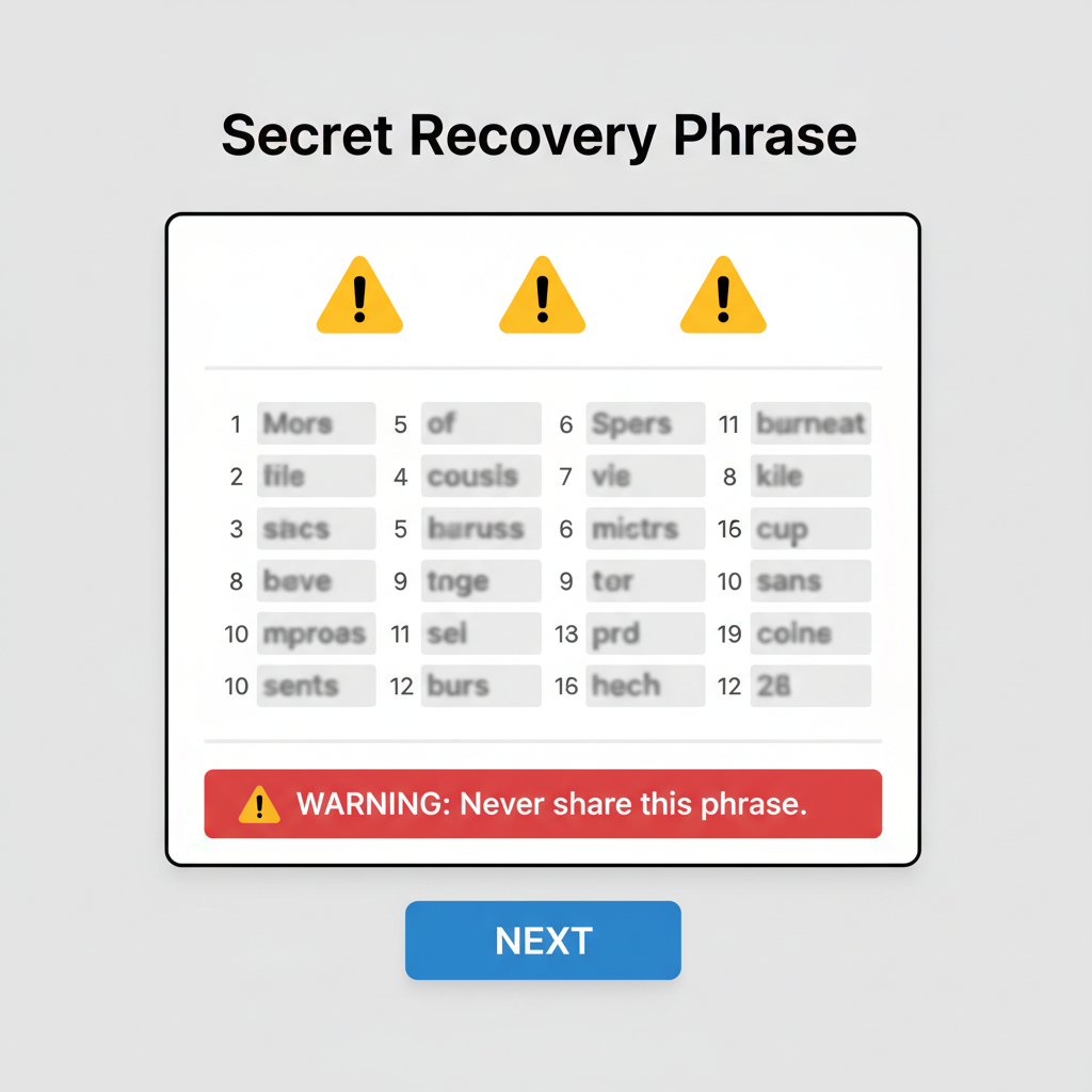 MetaMask secret recovery phrase screen, 12 words blurred for security, warning icons
