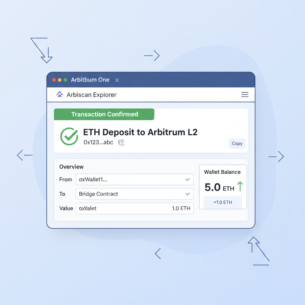 Arbiscan explorer showing ETH deposit confirmed on Arbitrum L2, wallet balance updated