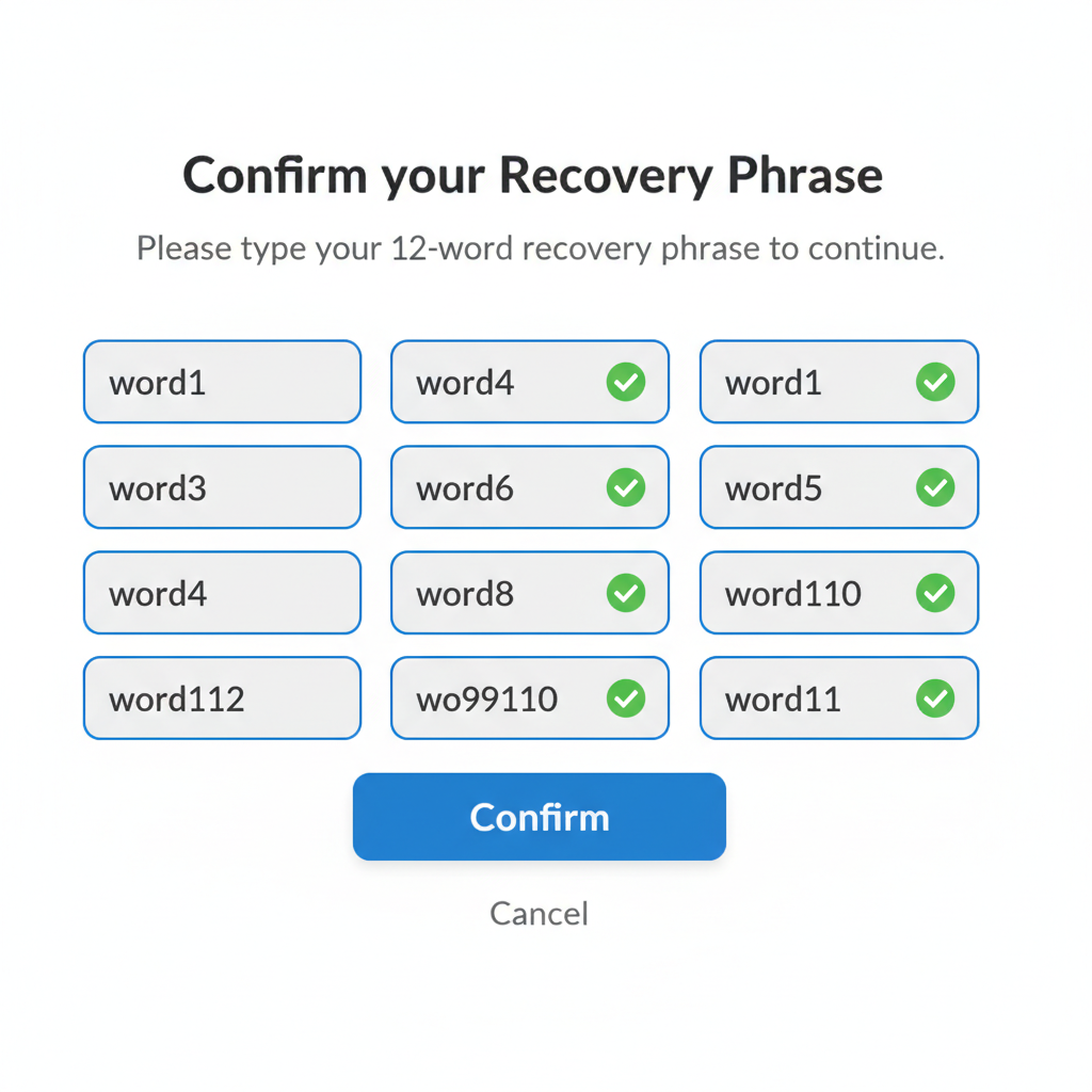 MetaMask recovery phrase verification input screen, checkmarks for correctness