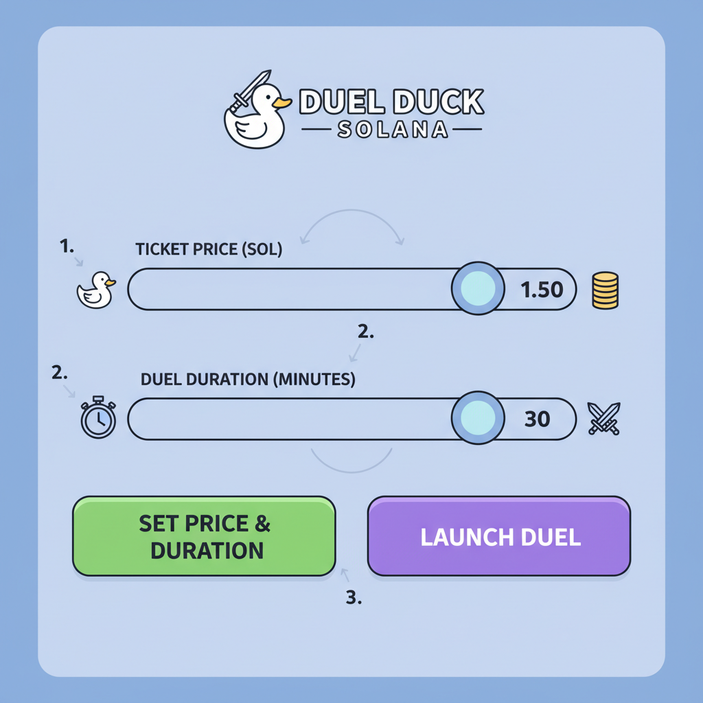 dashboard sliders setting ticket price and duel duration on Duel Duck Solana platform