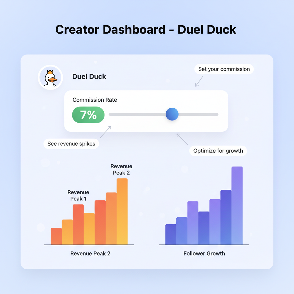 commission slider optimized at 7% on Duel Duck creator dashboard, charts showing revenue peaks